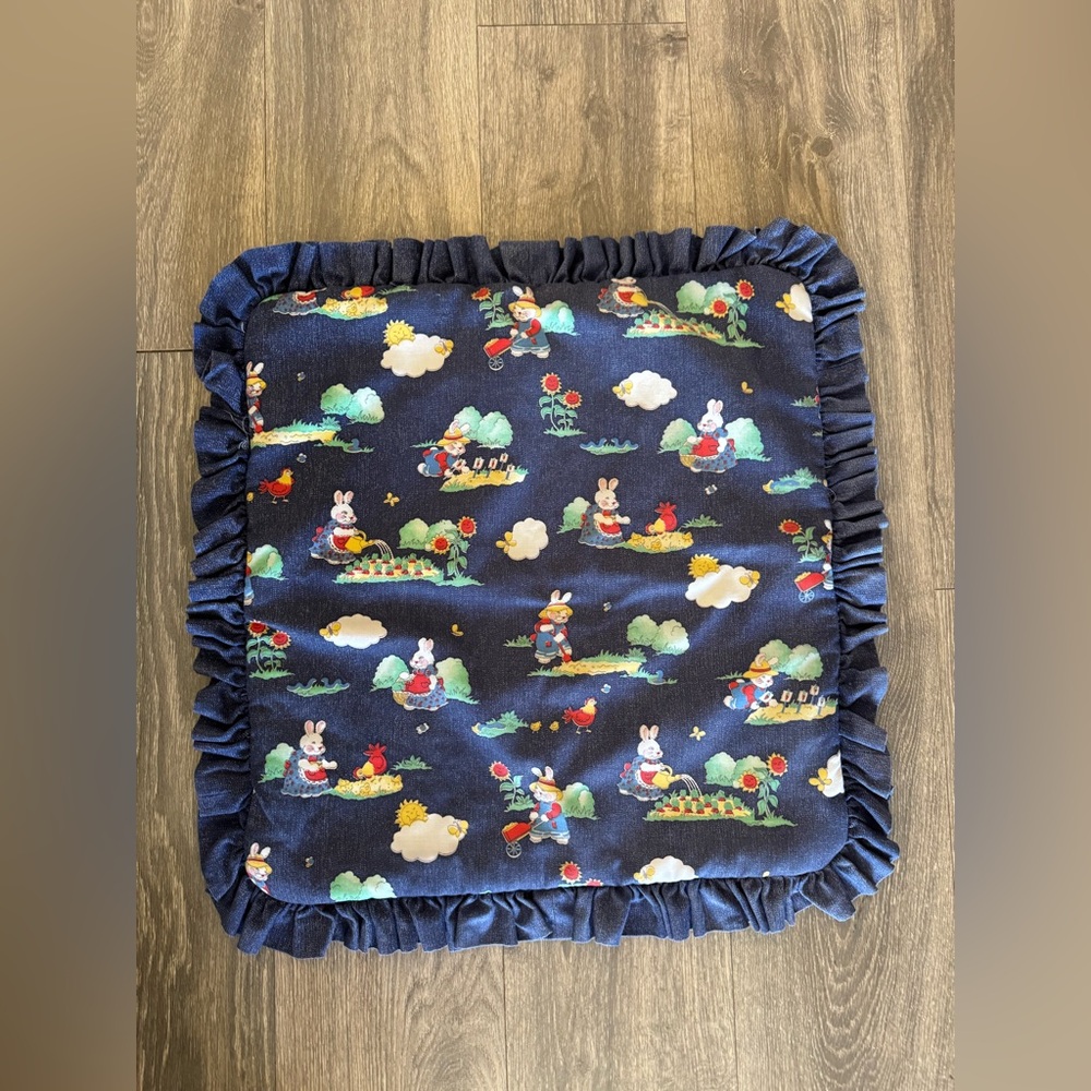 Vtg.Baby Nursery Chair Pad Wall Hanging Handmade Denim Bunny Ruffle Pad
